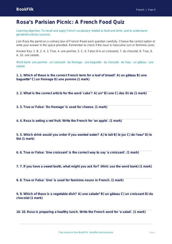 Free Food Quiz | Year 5 Greater Depth | BookFlik worksheet preview — French Food