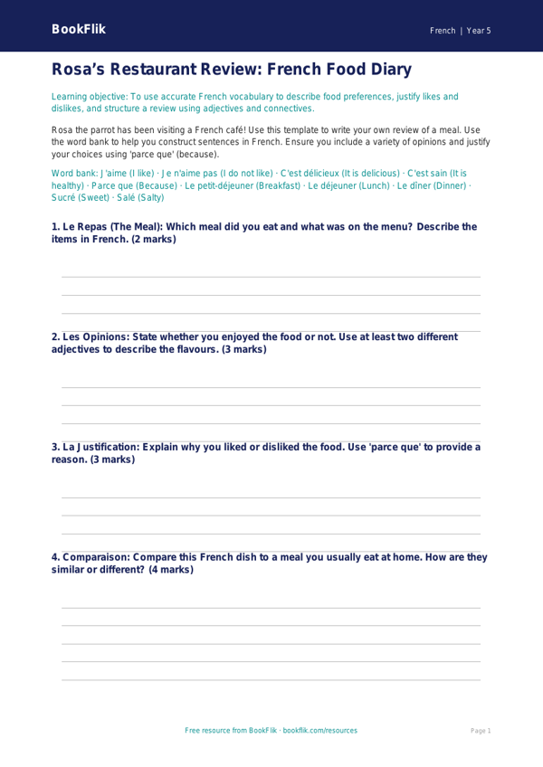 Free Food Template | Year 5 Greater Depth | BookFlik worksheet preview — French Food