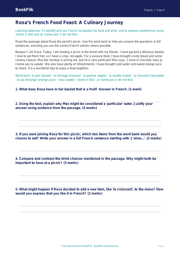 Free Food Track Sheet | Year 5 Greater Depth | BookFlik worksheet preview — French Food