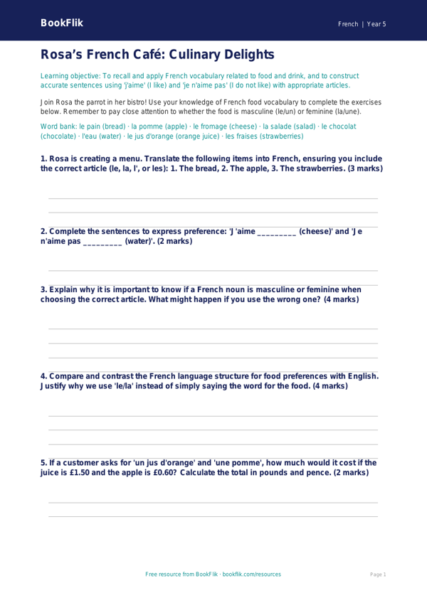 Free Food Worksheet | Year 5 Greater Depth | BookFlik worksheet preview — French Food