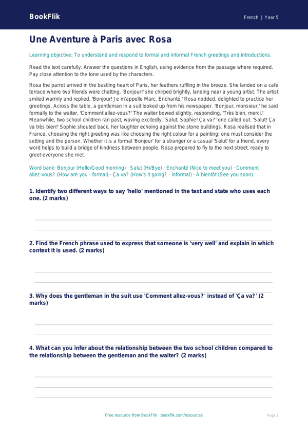 Free Greetings Comprehension | Year 5 Greater Depth | BookFlik worksheet preview — French Greetings