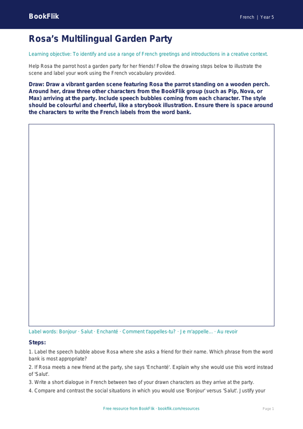 Free Greetings Drawing Sheet | Year 5 Greater Depth | BookFlik worksheet preview — French Greetings