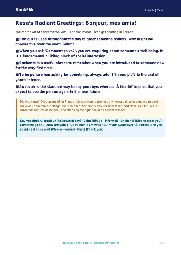 Free Greetings Poster | Year 5 Greater Depth | BookFlik worksheet preview — French Greetings