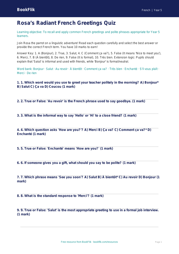 Free Greetings Quiz | Year 5 Greater Depth | BookFlik worksheet preview — French Greetings