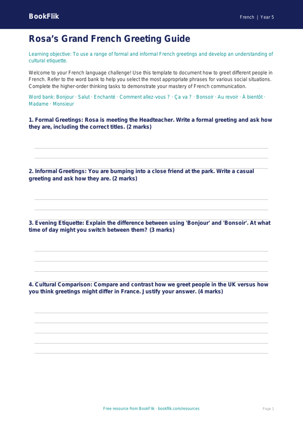 Free Greetings Template | Year 5 Greater Depth | BookFlik worksheet preview — French Greetings
