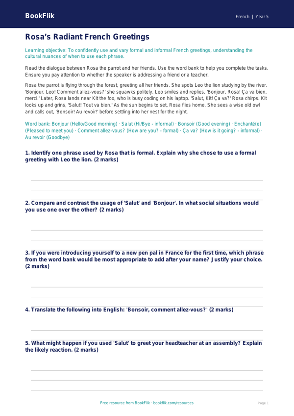 Free Greetings Track Sheet | Year 5 Greater Depth | BookFlik worksheet preview — French Greetings