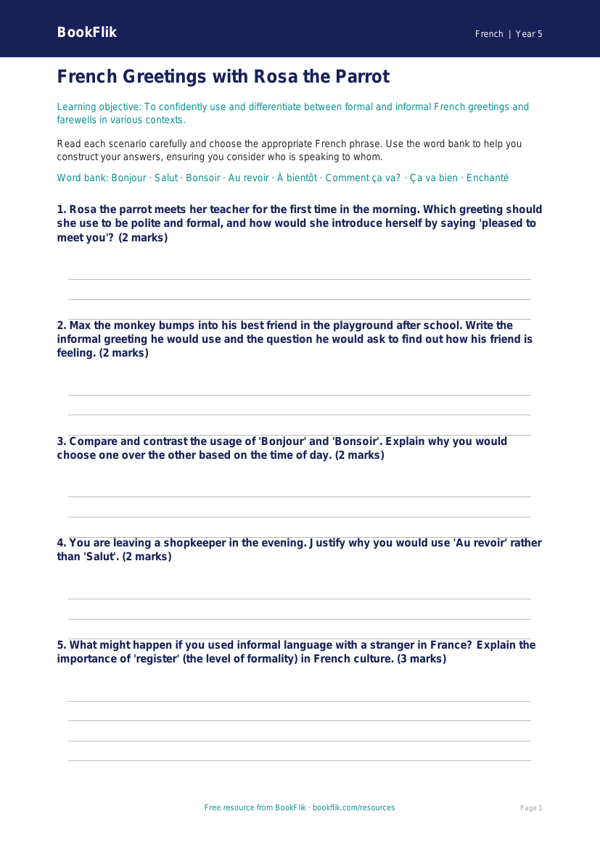 Free Greetings Worksheet | Year 5 Greater Depth | BookFlik worksheet preview — French Greetings