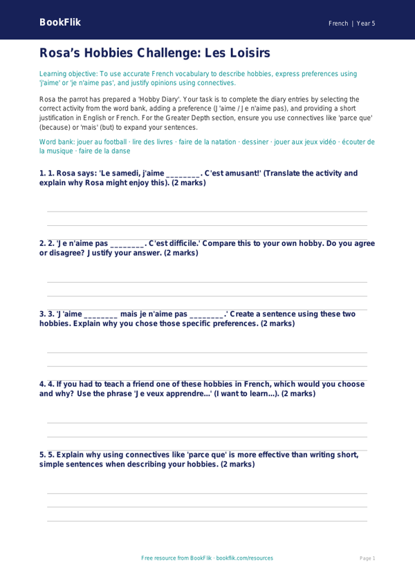 Free Hobbies Activity Sheet | Year 5 Greater Depth | BookFlik worksheet preview — French Hobbies