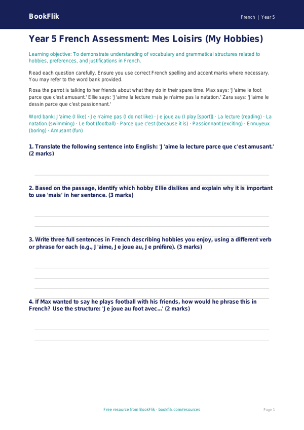 Free Hobbies Assessment | Year 5 Greater Depth | BookFlik worksheet preview — French Hobbies