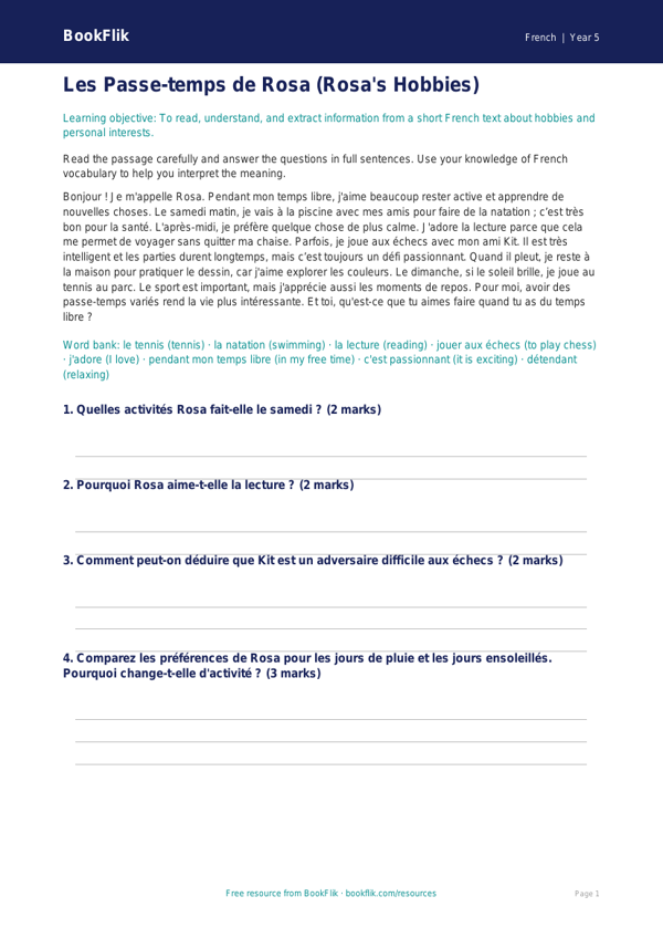Free Hobbies Comprehension | Year 5 Greater Depth | BookFlik worksheet preview — French Hobbies