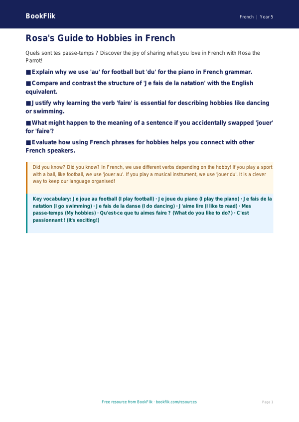 Free Hobbies Poster | Year 5 Greater Depth | BookFlik worksheet preview — French Hobbies