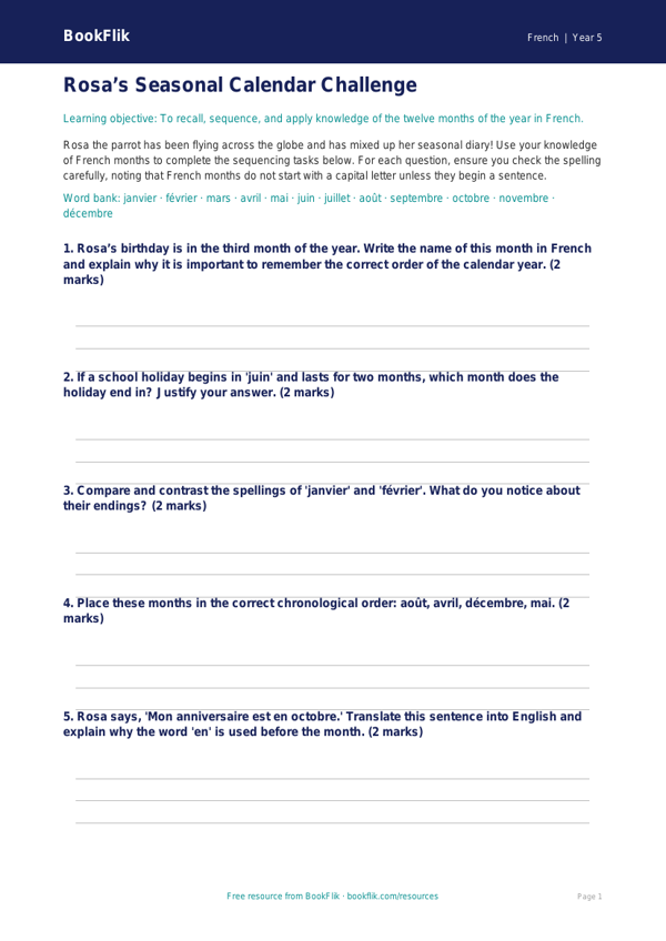 Free Months Of The Year Activity Sheet | Year 5 Greater Depth | BookFlik worksheet preview — French Months Of The Year