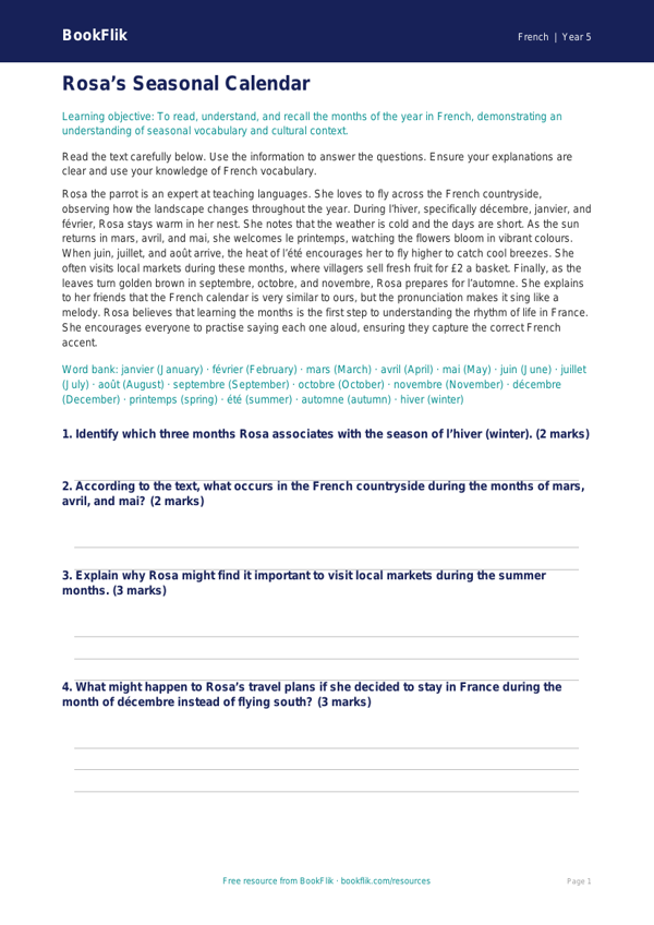 Free Months Of The Year Comprehension | Year 5 Greater Depth | BookFlik worksheet preview — French Months Of The Year