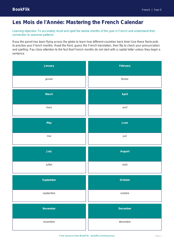 Free Months Of The Year Flashcards | Year 5 Greater Depth | BookFlik worksheet preview — French Months Of The Year