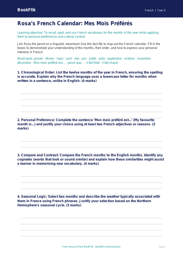 Free Months Of The Year Template | Year 5 Greater Depth | BookFlik worksheet preview — French Months Of The Year