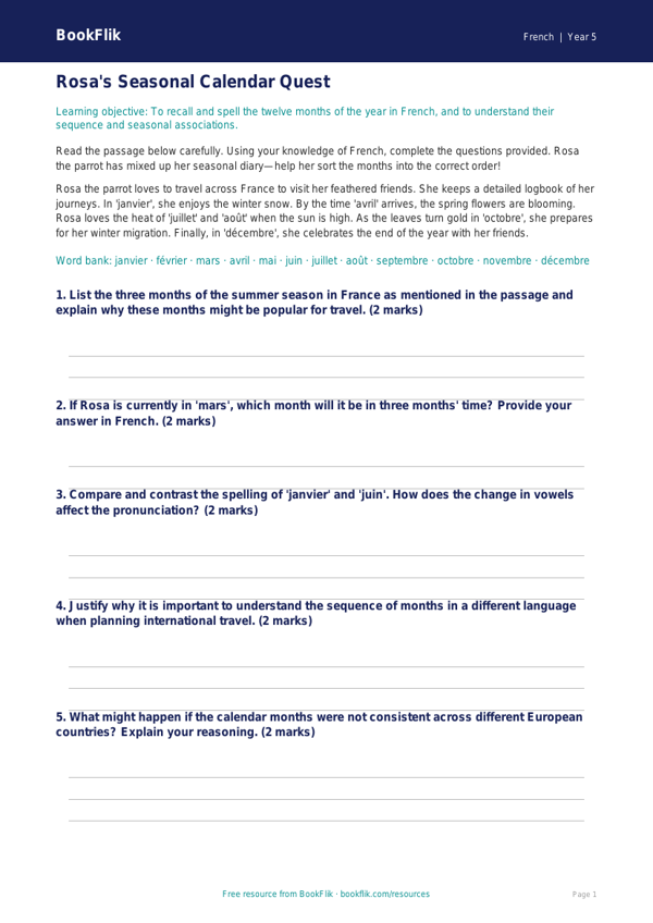 Free Months Of The Year Track Sheet | Year 5 Greater Depth | BookFlik worksheet preview — French Months Of The Year