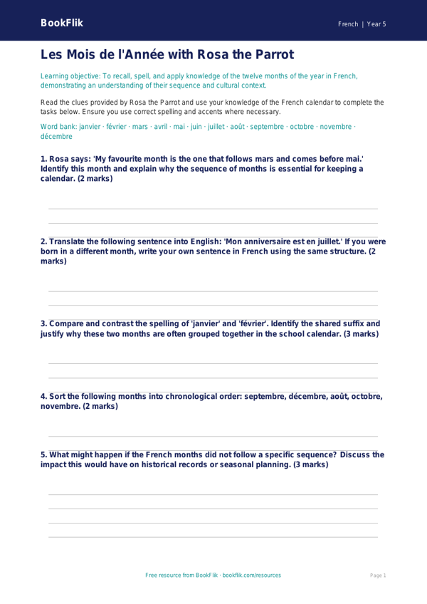 Free Months Of The Year Worksheet | Year 5 Greater Depth | BookFlik worksheet preview — French Months Of The Year