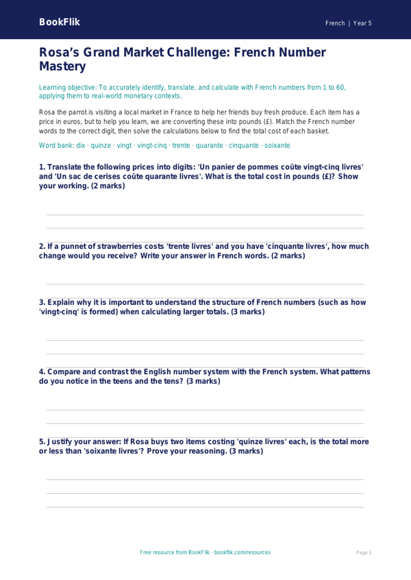 Free Numbers Activity Sheet | Year 5 Greater Depth | BookFlik worksheet preview — French Numbers