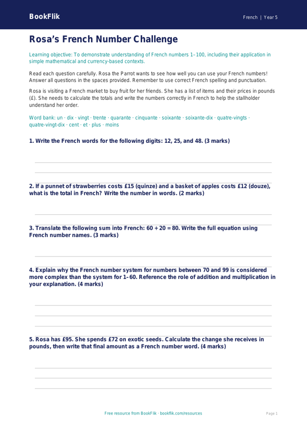 Free Numbers Assessment | Year 5 Greater Depth | BookFlik worksheet preview — French Numbers