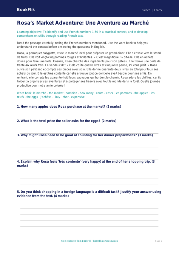 Free Numbers Comprehension | Year 5 Greater Depth | BookFlik worksheet preview — French Numbers