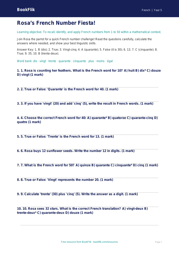 Free Numbers Quiz | Year 5 Greater Depth | BookFlik worksheet preview — French Numbers