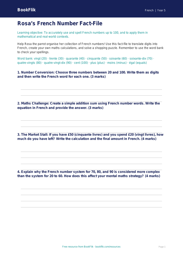 Free Numbers Template | Year 5 Greater Depth | BookFlik worksheet preview — French Numbers