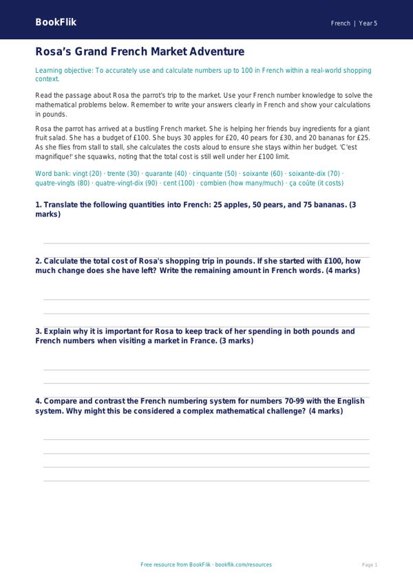 Free Numbers Track Sheet | Year 5 Greater Depth | BookFlik worksheet preview — French Numbers