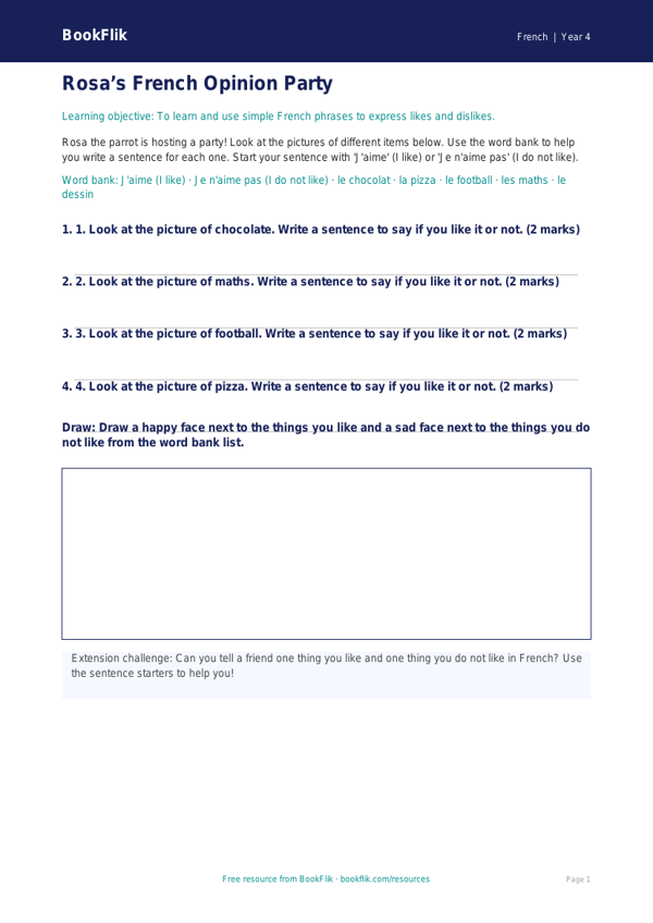 Free Opinion Phrases Activity Sheet | Year 4 Supported | BookFlik worksheet preview — French Opinion Phrases