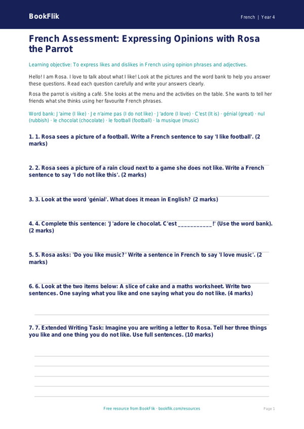 Free Opinion Phrases Assessment | Year 4 Supported | BookFlik worksheet preview — French Opinion Phrases