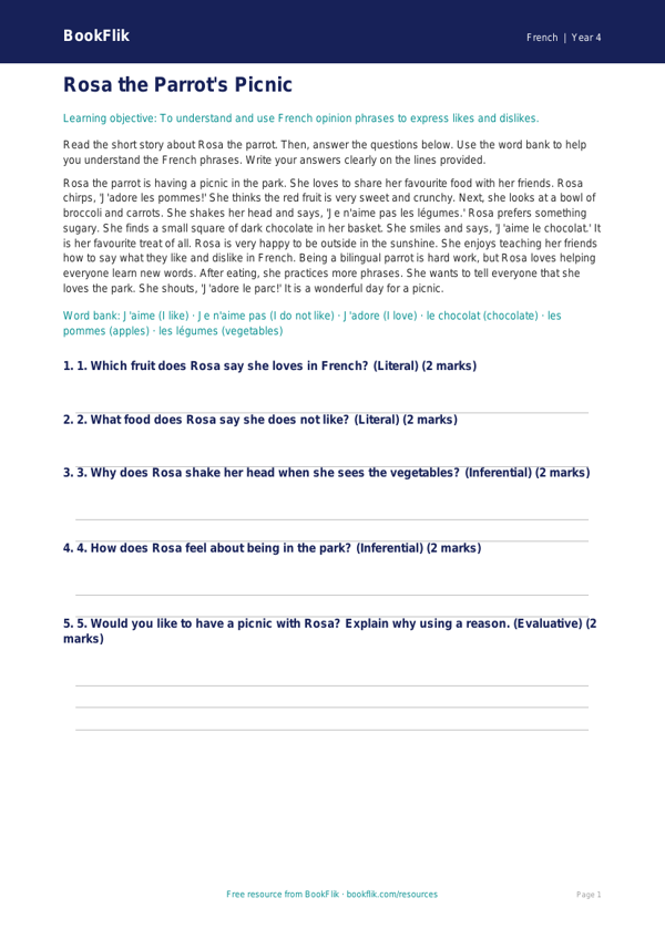 Free Opinion Phrases Comprehension | Year 4 Supported | BookFlik worksheet preview — French Opinion Phrases