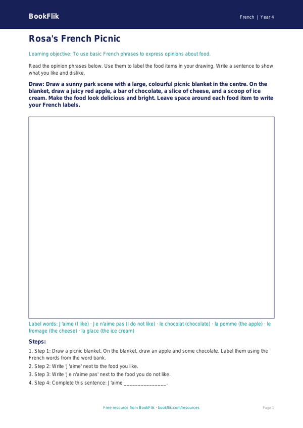Free Opinion Phrases Drawing Sheet | Year 4 Supported | BookFlik worksheet preview — French Opinion Phrases