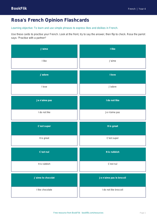 Free Opinion Phrases Flashcards | Year 4 Supported | BookFlik worksheet preview — French Opinion Phrases