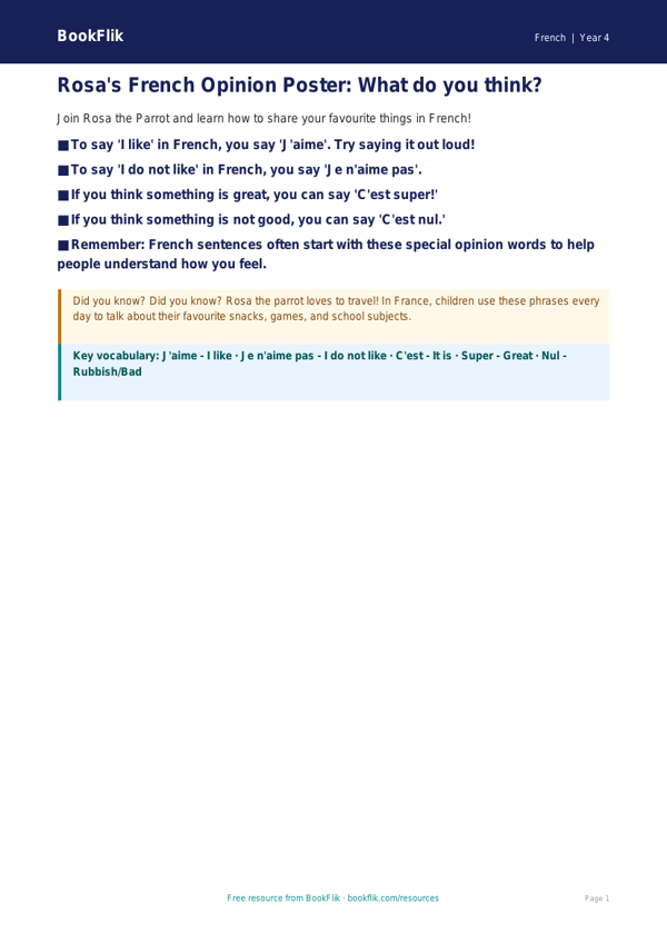 Free Opinion Phrases Poster | Year 4 Supported | BookFlik worksheet preview — French Opinion Phrases