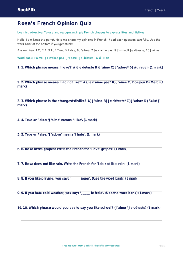 Free Opinion Phrases Quiz | Year 4 Supported | BookFlik worksheet preview — French Opinion Phrases