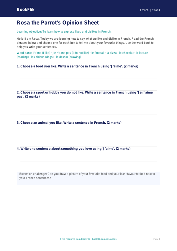 Free Opinion Phrases Template | Year 4 Supported | BookFlik worksheet preview — French Opinion Phrases