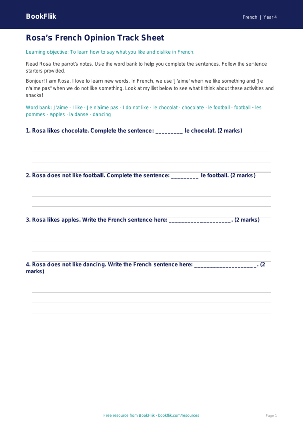 Free Opinion Phrases Track Sheet | Year 4 Supported | BookFlik worksheet preview — French Opinion Phrases
