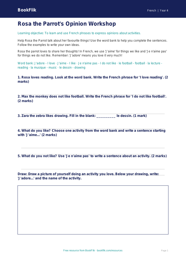 Free Opinion Phrases Worksheet | Year 4 Supported | BookFlik worksheet preview — French Opinion Phrases