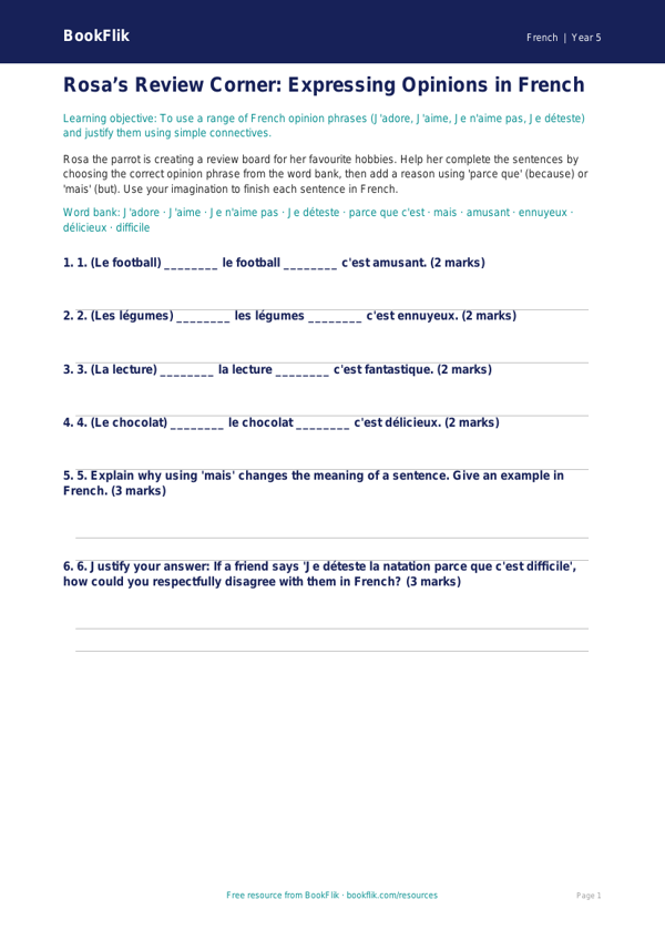 Free Opinion Phrases Activity Sheet | Year 5 Greater Depth | BookFlik worksheet preview — French Opinion Phrases