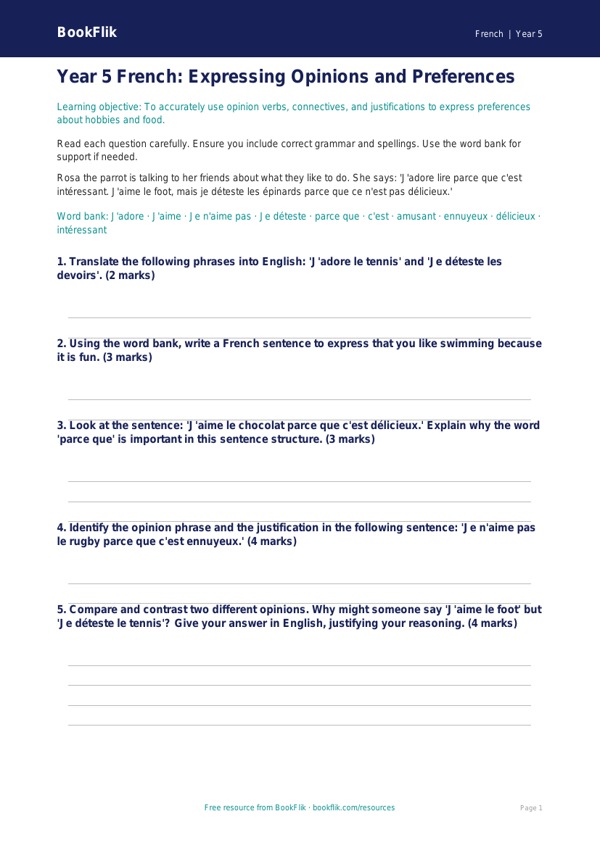 Free Opinion Phrases Assessment | Year 5 Greater Depth | BookFlik worksheet preview — French Opinion Phrases