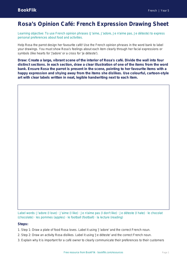 Free Opinion Phrases Drawing Sheet | Year 5 Greater Depth | BookFlik worksheet preview — French Opinion Phrases