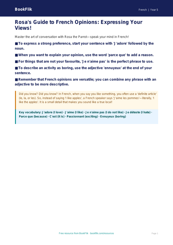 Free Opinion Phrases Poster | Year 5 Greater Depth | BookFlik worksheet preview — French Opinion Phrases
