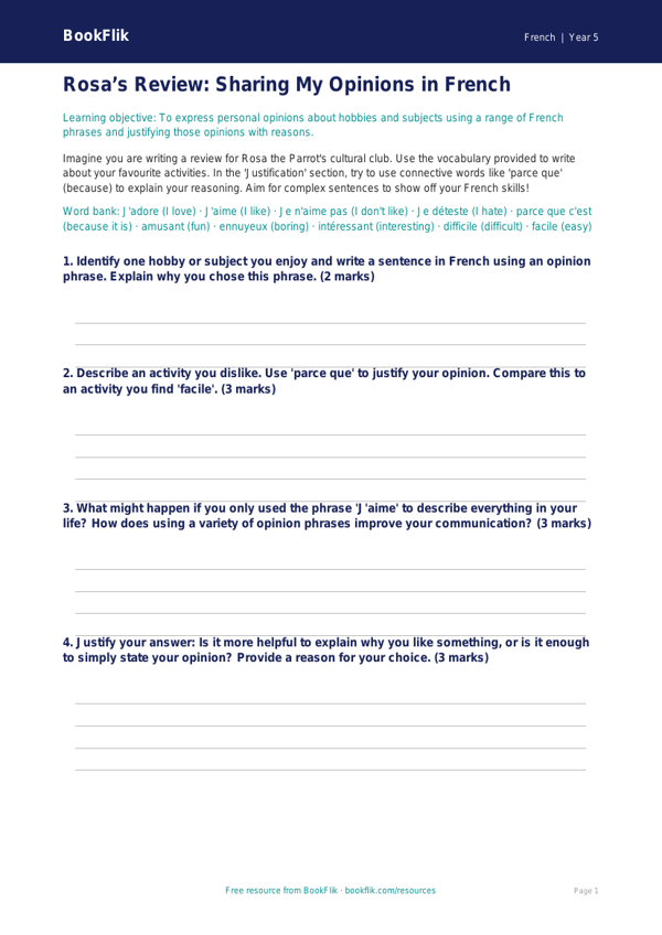 Free Opinion Phrases Template | Year 5 Greater Depth | BookFlik worksheet preview — French Opinion Phrases