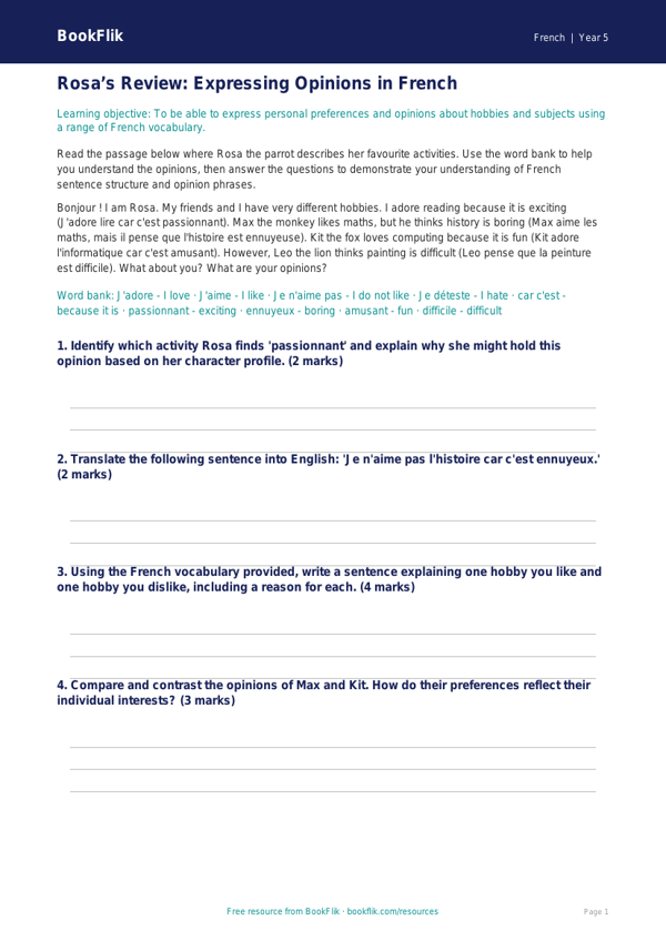 Free Opinion Phrases Track Sheet | Year 5 Greater Depth | BookFlik worksheet preview — French Opinion Phrases
