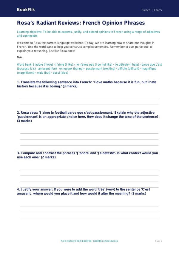 Free Opinion Phrases Worksheet | Year 5 Greater Depth | BookFlik worksheet preview — French Opinion Phrases