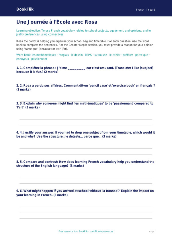 Free Year 5 Greater Depth Activity Sheet | BookFlik worksheet preview — French School
