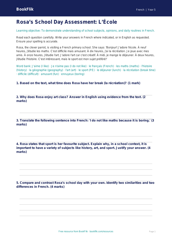 Free School Assessment | Year 5 Greater Depth | BookFlik worksheet preview — French School