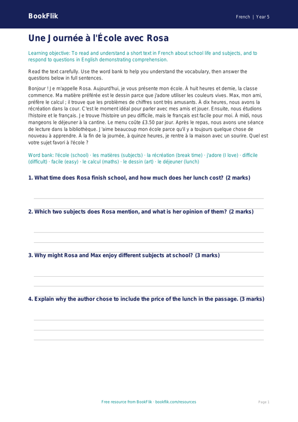 Free School Comprehension | Year 5 Greater Depth | BookFlik worksheet preview — French School
