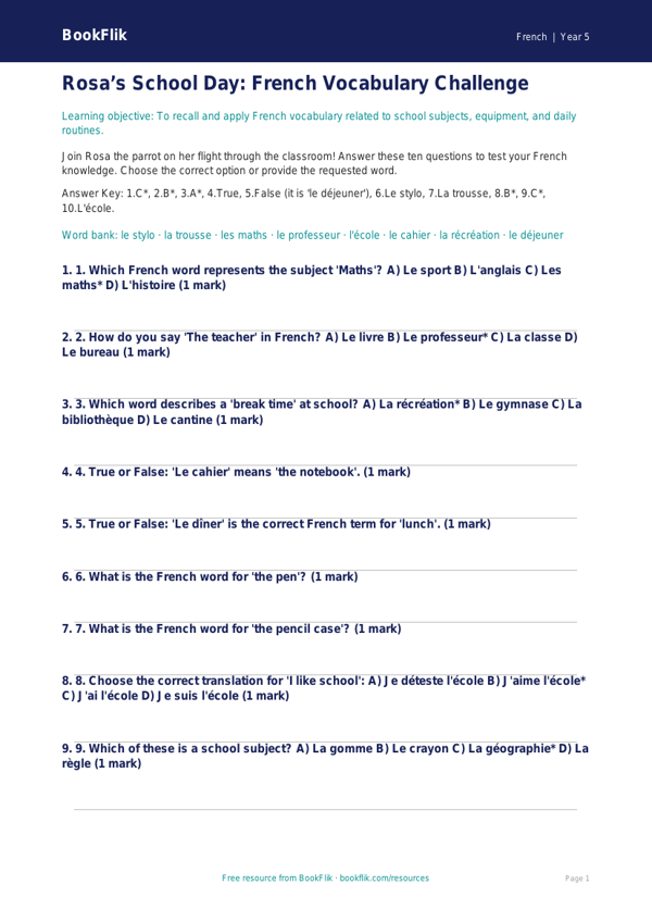 Free School Quiz | Year 5 Greater Depth | BookFlik worksheet preview — French School