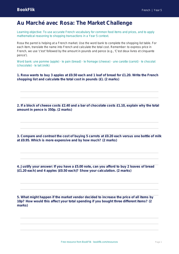 Free Shopping Activity Sheet | Year 5 Greater Depth | BookFlik worksheet preview — French Shopping