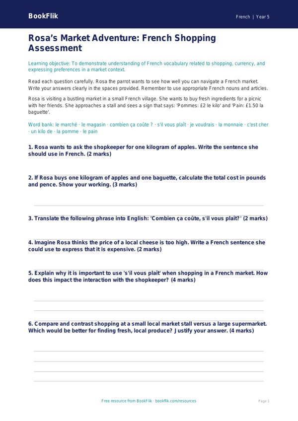 Free Shopping Assessment | Year 5 Greater Depth | BookFlik worksheet preview — French Shopping